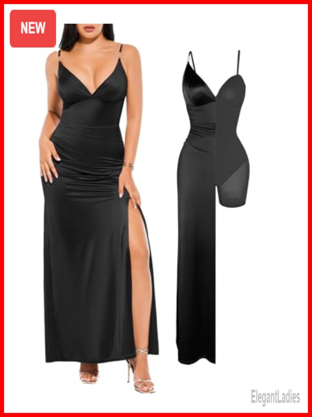 Satin Maxi Dress Formal Cocktail V-Neck Shapewear Bodycon